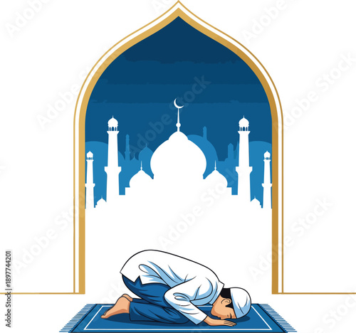 Devout Muslim man in white thobe and kufi performing sujood prayer on a rug before a mosque arch.
