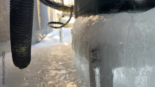 Thick Clear Ice Coating on Heat Pump Components. An extreme close-up shows clear, thick ice coating a heat pump’s metal base, resembling a frozen waterfall in severe cold conditions.