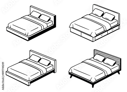 Isometric line art bed icons set featuring modern beds with pillows and bedding, some with storage for bedroom design, furniture catalogs, or home decor