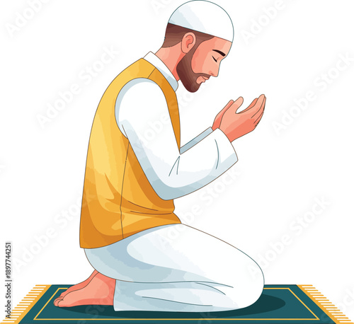 Devout Muslim man with a beard in a yellow vest and white kufi kneeling on a prayer mat for Salah.