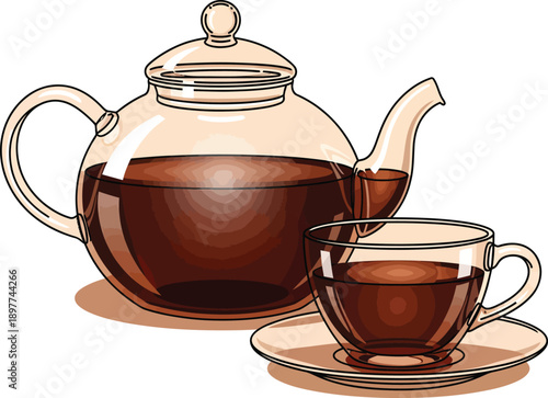 Elegant glass teapot and teacup set filled with dark brewed tea illustration.