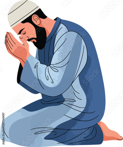 Illustration of a bearded Muslim man in a blue thobe and white kufi kneeling in prayer with hands in supplication.