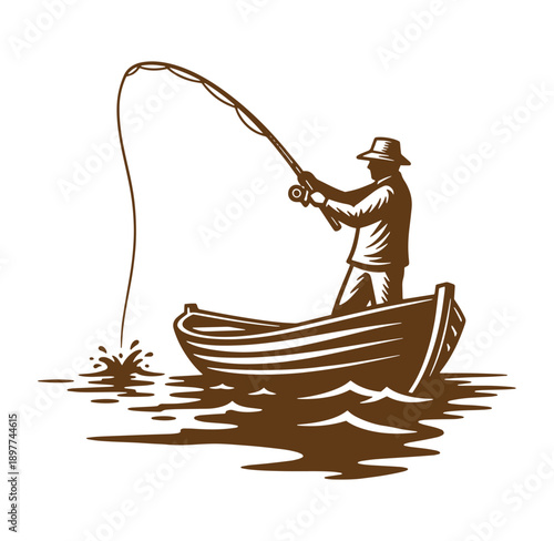 Man fishing from a small boat on the water with a fishing rod