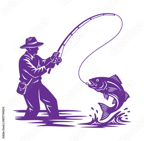 Man fishing with a large fish on the hook in water  recreational outdoor activity