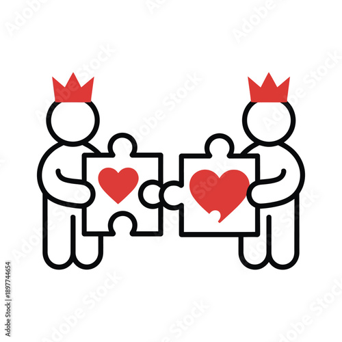 Two crowned stick figures connect heart shaped puzzle pieces symbolizing love partnership and a perfect emotional fit together high-quality professional detailed modern.