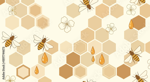 Bees on honeycomb, flower illustration, pollen collection for organic product creation