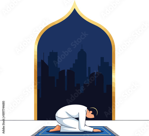 Illustration of a Muslim man in white robes performing the sujood prayer pose on a blue mat.