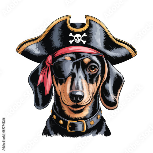A charming dachshund dog is playfully dressed as a pirate sporting a black hat eye patch and red bandana creating a whimsical portrait.