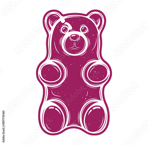 Pink gummy bear candy illustration in white outline on clean background