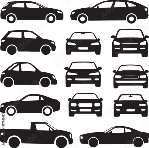 Silhouettes of three vehicles a coupe sedan and pickup truck