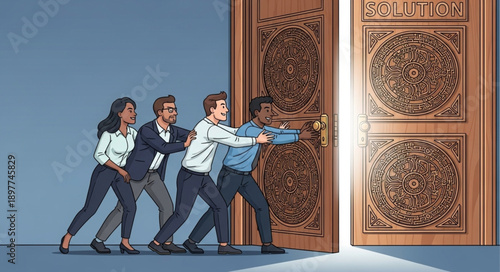 Team Pushing Open Ornate Doors Towards Bright Light.