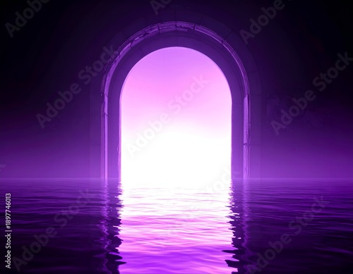 Mystical purple arched doorway reflecting in tranquil water