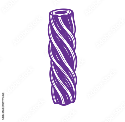 Purple twisted cylindrical object with white lines on plain background