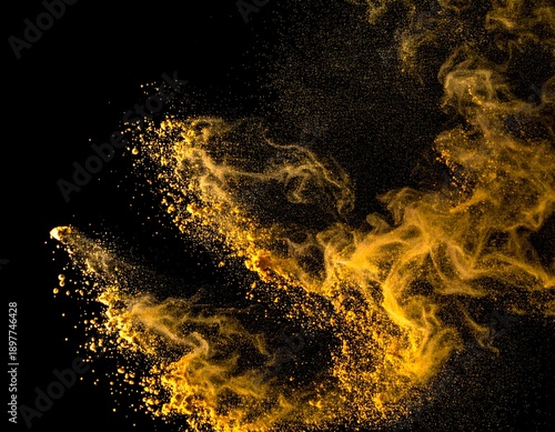 Abstract golden particles exploding against a deep black background