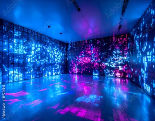 Room illuminated by vibrant projections of blue and pink abstract data