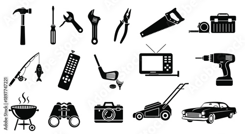 Collection of various household and outdoor icons including tools electronics and vehicles on white background