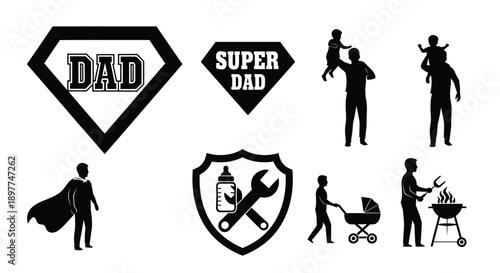 Black silhouettes of fathers and fatherhood symbols on white background for father's day