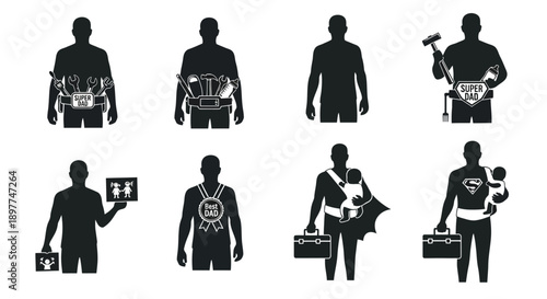 Silhouettes of people in various professions and activities with tools and objects on white background