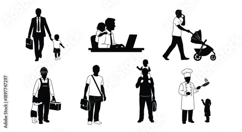 Silhouettes of diverse people in various occupations and daily activities family life and work life balance