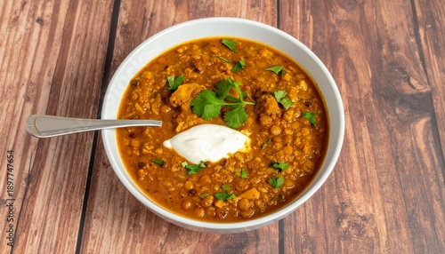 A comforting bowl of hearty lentil stew with fresh cilantro and a creamy dollop on a rustic wooden table, perfect for a warming meal.