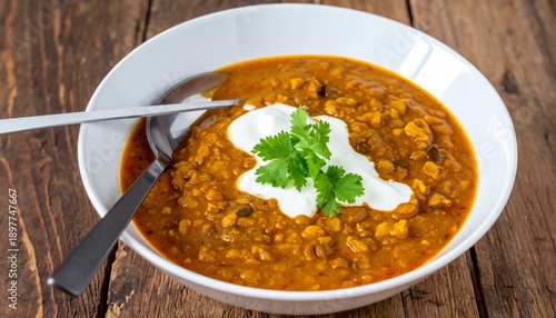 Nourishing homemade red lentil soup topped with creamy yogurt and fresh cilantro on a rustic wooden table