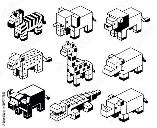Blocky safari animals line art set featuring a zebra, elephant, lion, giraffe, and rhino for children's education or game development