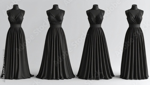 Four elegant black evening gowns on mannequins showcase sophisticated high-fashion apparel for women's formal events.