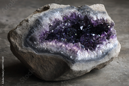 Large purple amethyst crystal geode on a neutral background