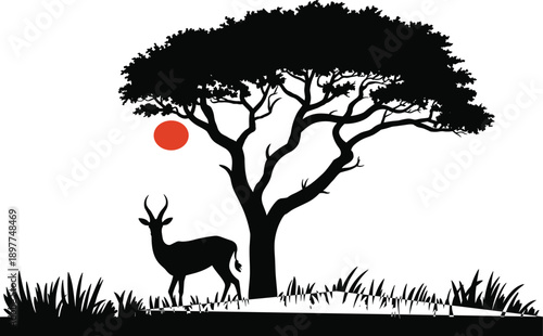 African savanna wildlife silhouette with antelope and acacia tree at sunset, minimalist nature landscape vector illustration scene