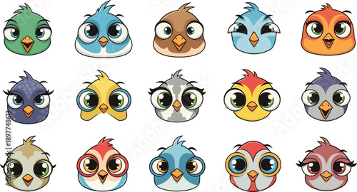 Cute cartoon bird avatar faces collection, colorful baby chicks sparrows owls icons, kawaii mascot characters vector illustration set