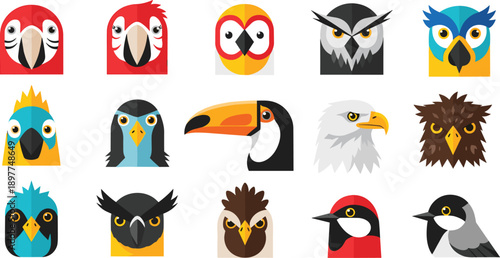 Flat geometric bird icons set featuring owl, parrot, eagle, toucan, and colorful wildlife animal faces