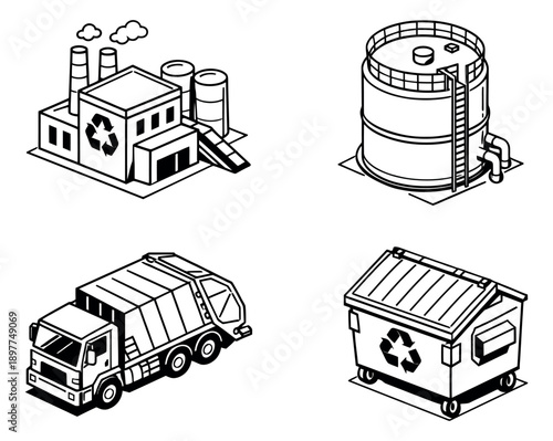 Isometric line art industrial waste management set featuring a factory, storage tank, garbage truck, and recycling dumpster for environmental and recycling themes