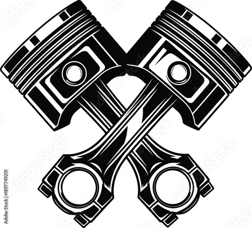 Monochrome graphic illustration of two crossed engine pistons with connecting rods in an X formation.