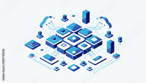 Isometric illustration of interconnected digital devices and data flow.