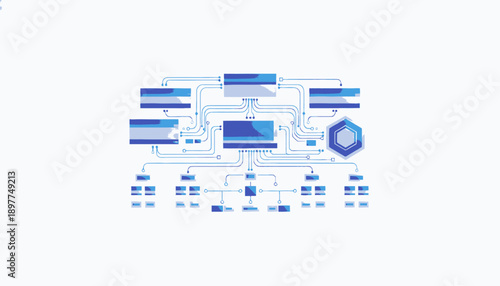 Abstract blue digital flowchart diagram on white background.