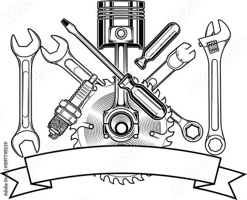 Monochrome emblem of mechanic tools featuring a piston wrenches and a blank banner.