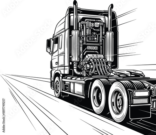 Monochrome handdrawn illustration of a powerful semitruck with a detailed exposed engine.