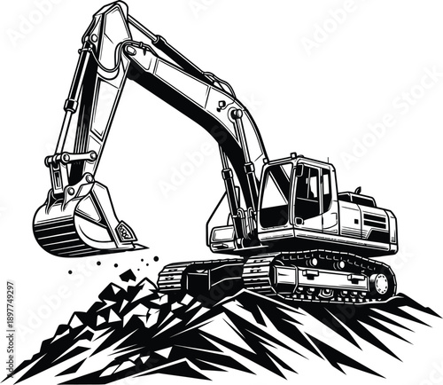 Monochrome line art illustration of a powerful tracked excavator digging into a pile of rubble.