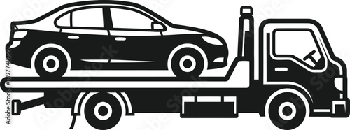Monochrome vector icon of a flatbed tow truck transporting a sedan car side view silhouette.