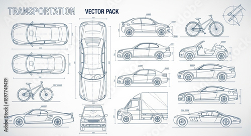 Vector Pack of Cars and Bicycles Technical Drawings.