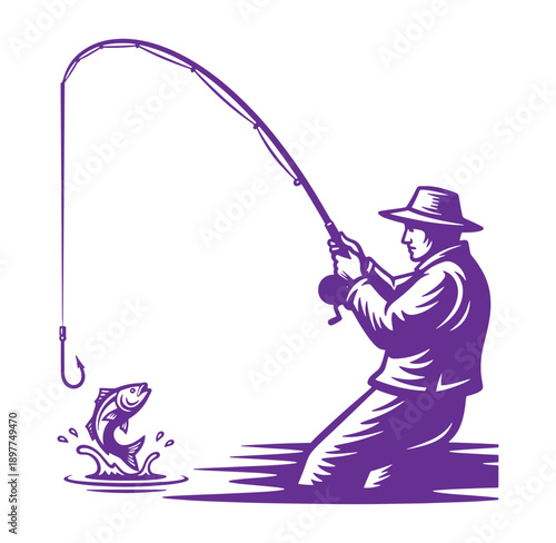 Man fishing with a rod and reel catching a fish in the water outdoors recreation activity
