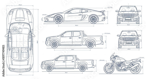 Vehicle Blueprints Showing Car Truck Motorcycle Designs.