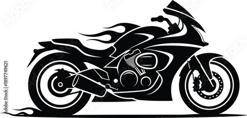 Stylized black silhouette of a sport motorcycle with a dynamic flame decal design.