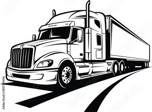 Stylized black and white illustration of a modern semitruck with a long trailer in motion.