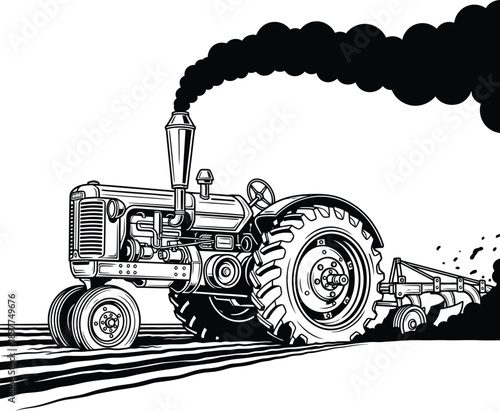 Vintage farm tractor plowing a field emitting thick black smoke in a detailed line art illustration.