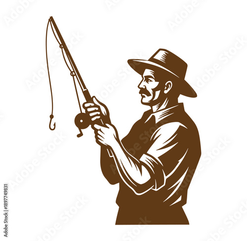 man holding fishing rod with hook and line in brown silhouette isolated on white