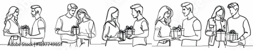 line art half body of a couple giving gifts on Valentine's Day