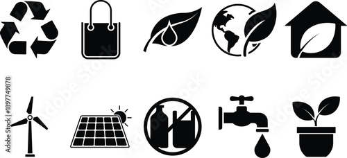 Eco Friendly Sustainability Icon Set – Recycling, Renewable Energy, Water Saving, Green Living