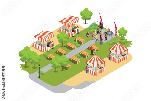 Illustration of concert musicians in a park with food tents, camping ground and large parking area. Isometric icon on white isolated background.