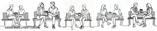 line art of a couple sitting on park bench giving gifts on Valentine's Day